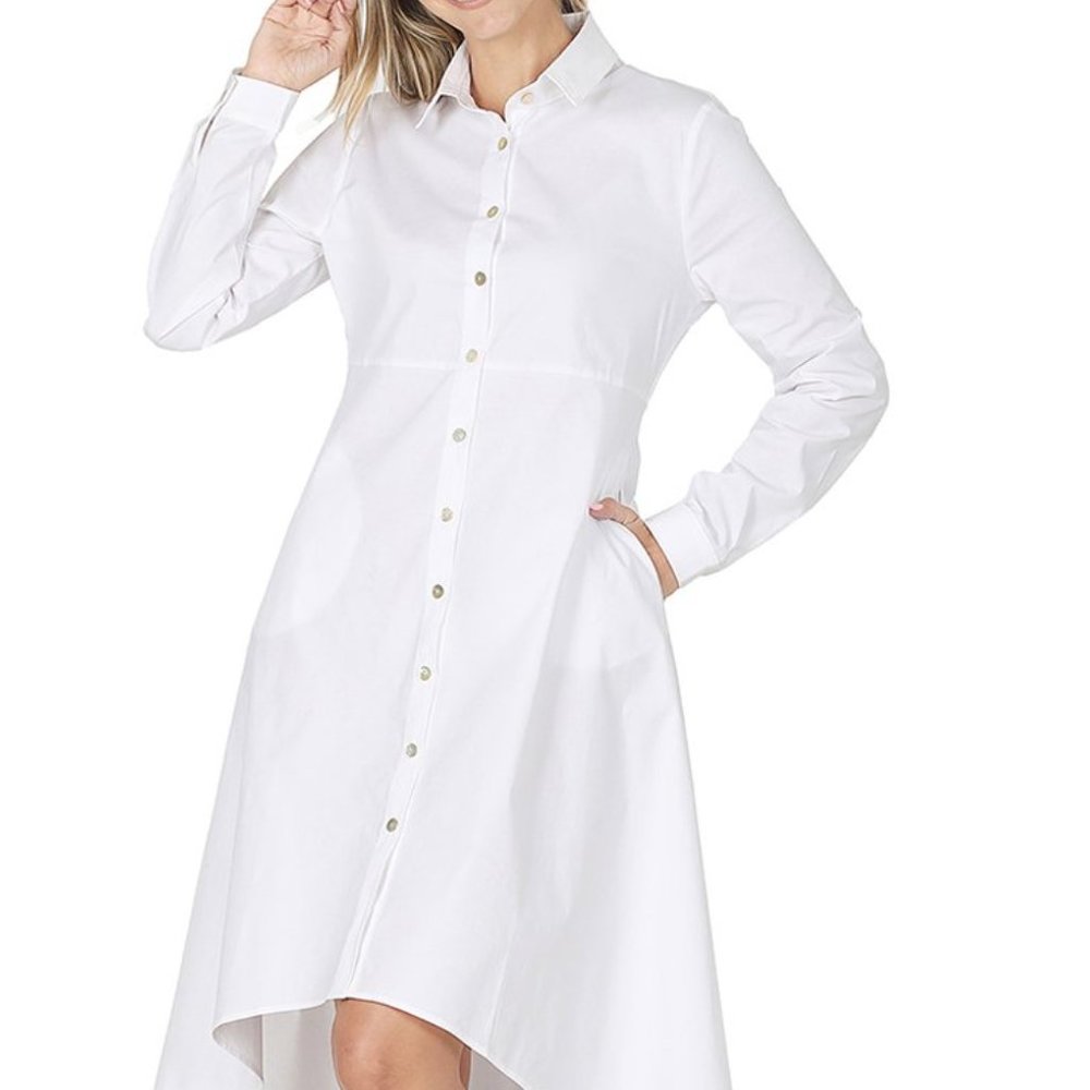 White Poplin Pocket Hi-Low Shirt Dress - Women